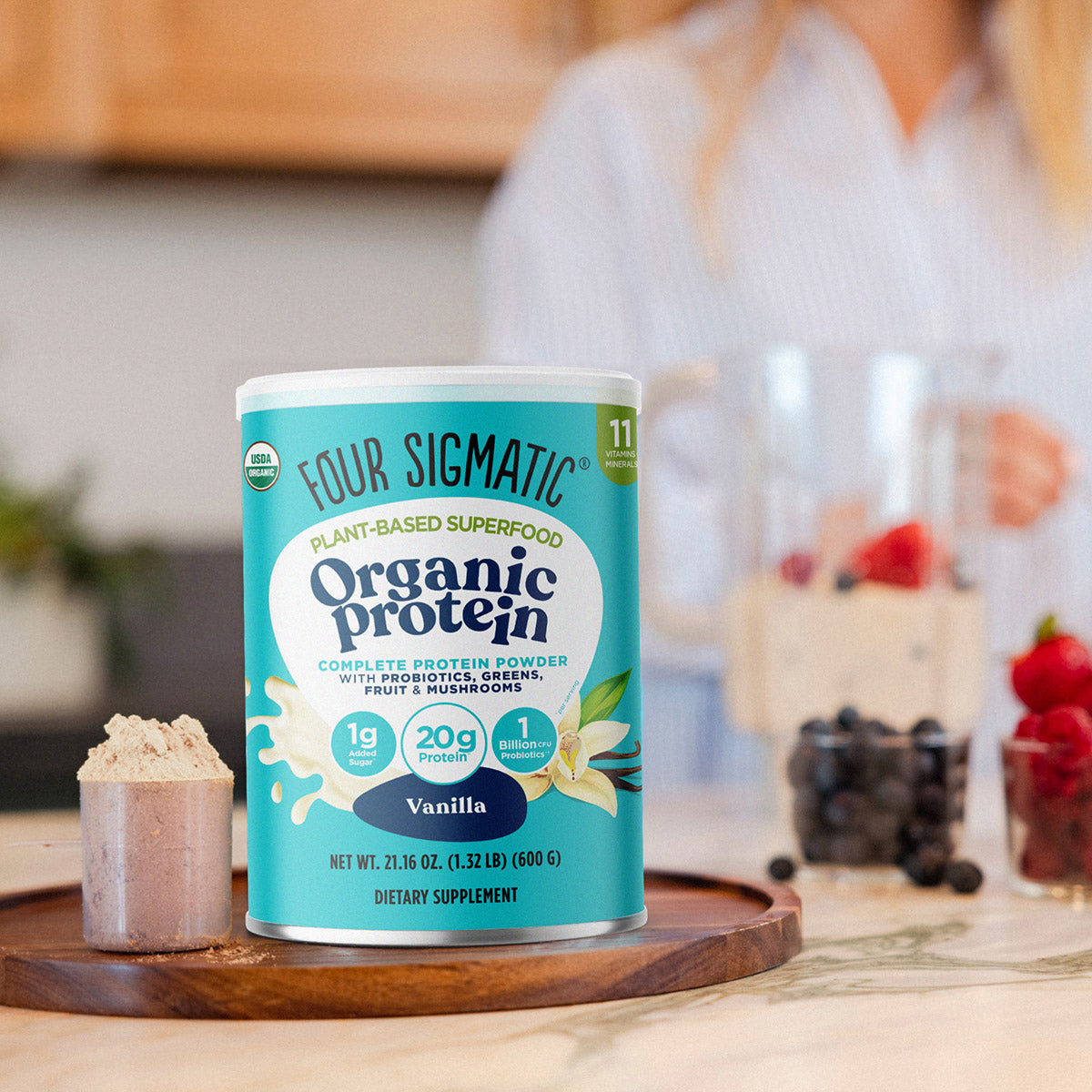 20g plant-based protein with mushrooms and prebiotics, no chalky aftertaste